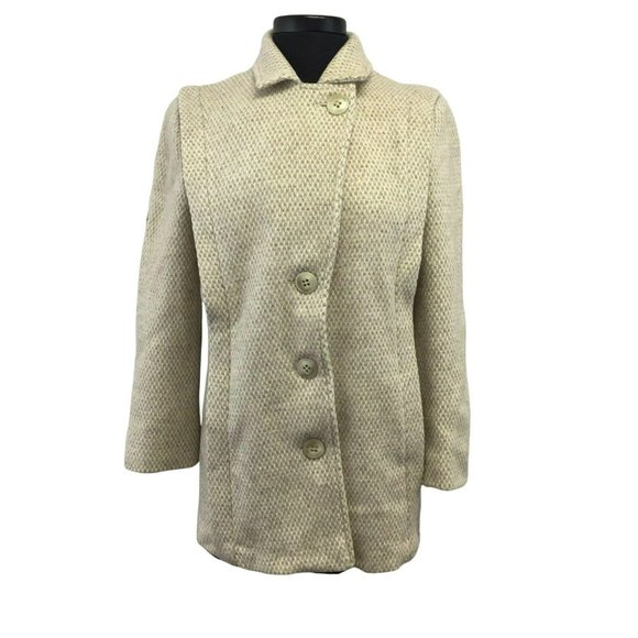 VTG Herman Kay Coat Jacket Womens Med Petite Tan Wool Blend 3 Button 2 Pockets - Picture 1 of 12